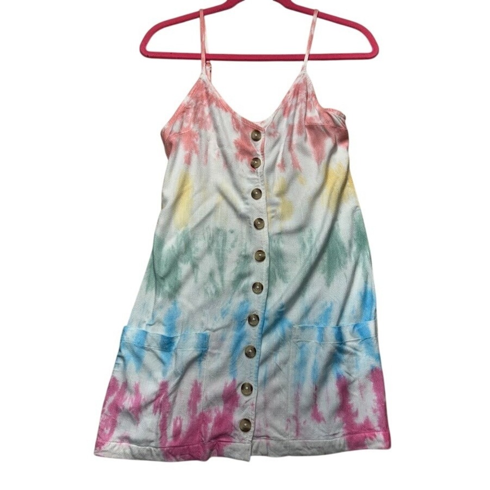 Rip Curl Womens XS Rainbow Tie Dye Button Front Mini Dress Viscose Sundress